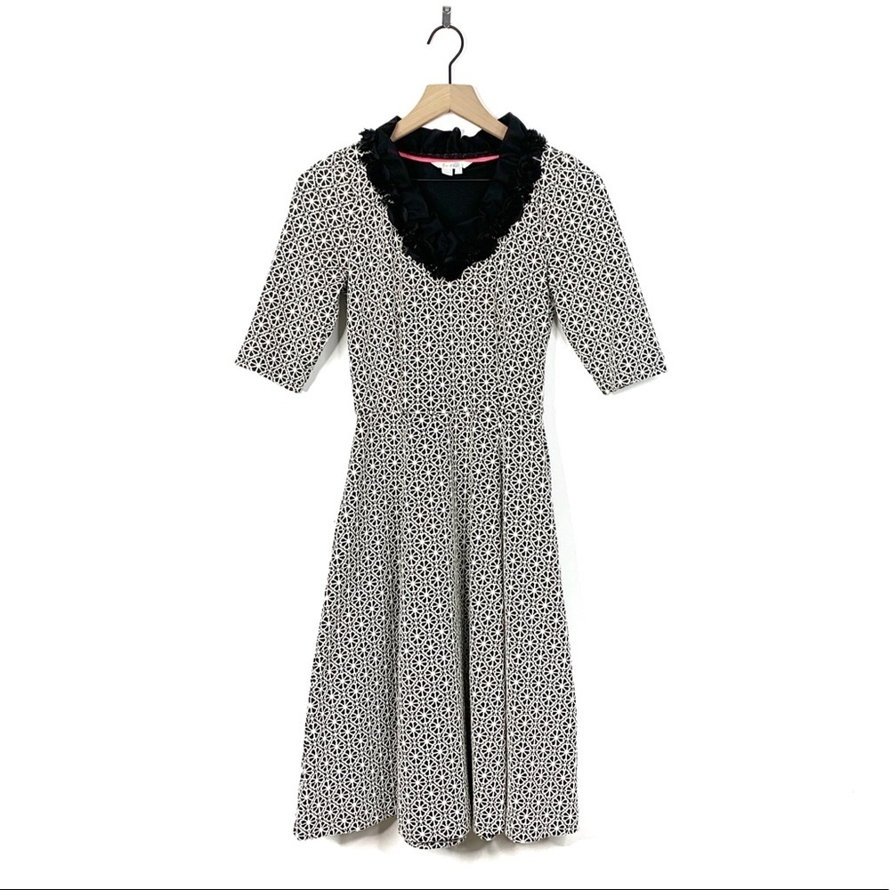 Boden Black White Floral Jacquard Fit Flare Dress Added Floral Neck